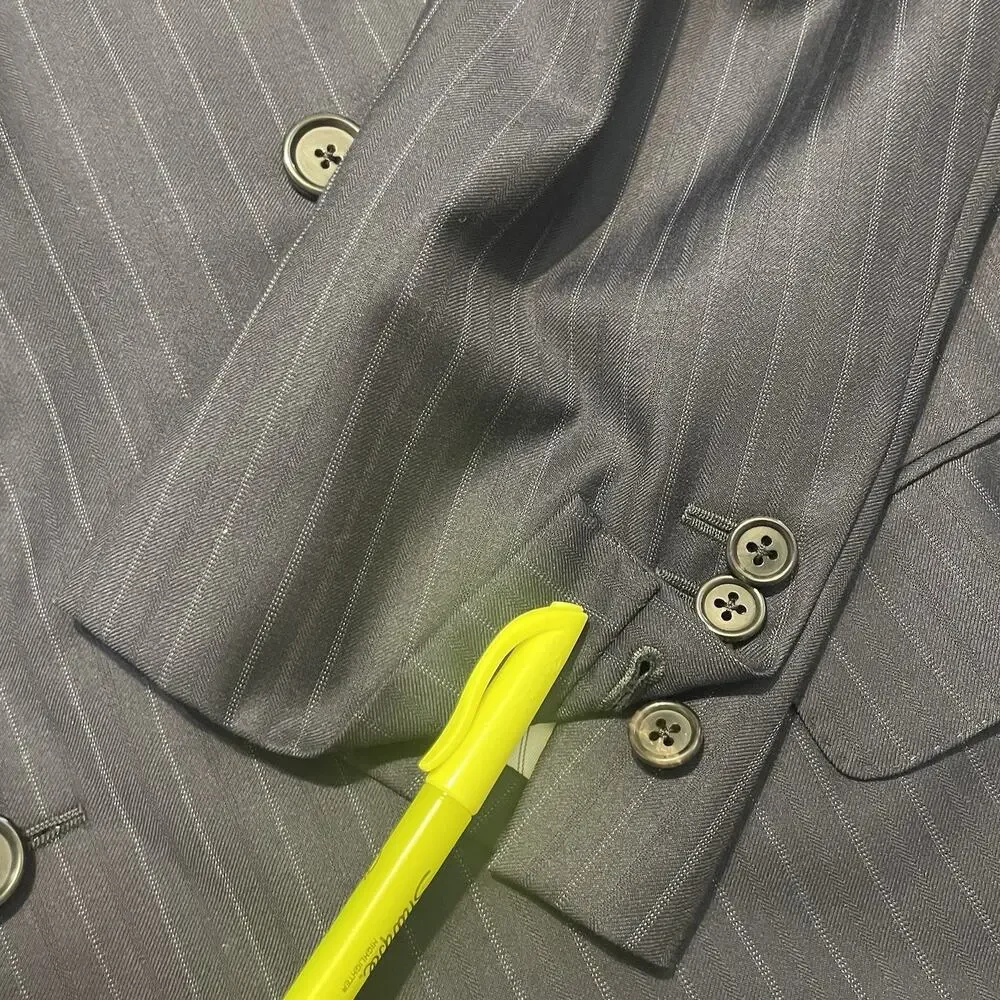 Hickey Freeman Suit Mens 44 R Navy 2pc Double Breasted Pinstripes Pants 36 USA